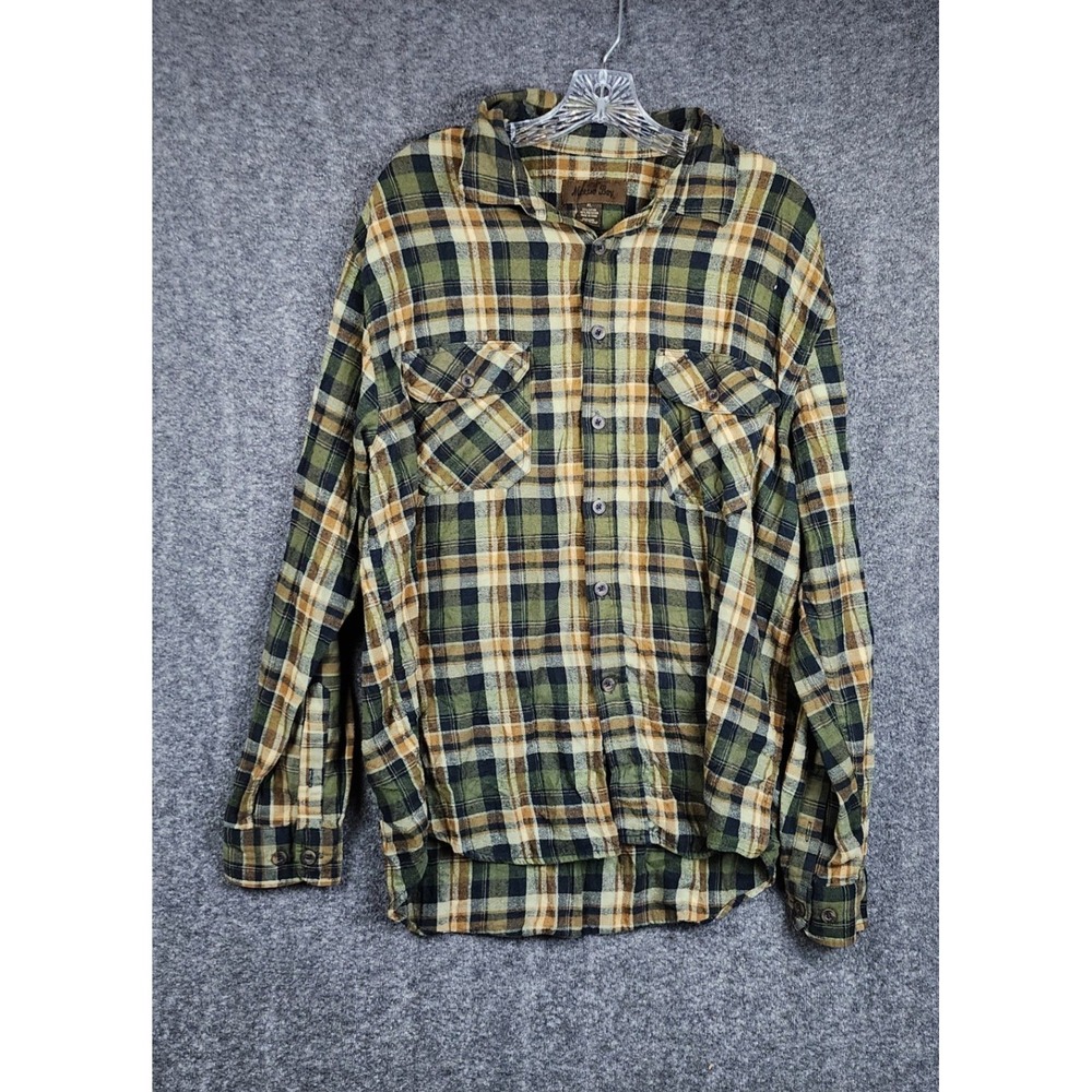Marino‎ Bay Flannel Shirt Men XL Green Tan Plaid Long Sleeve Button Down
